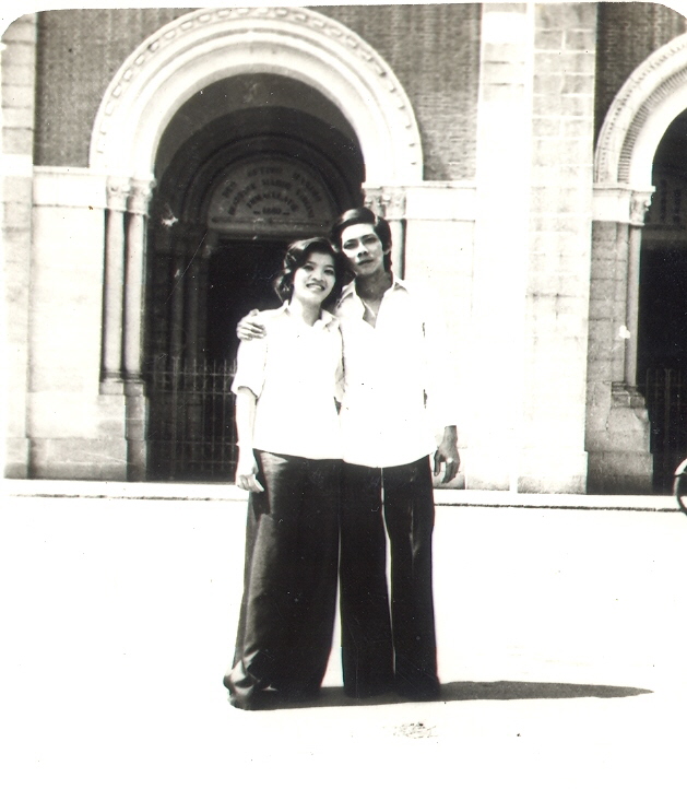 Nhat Nguyen and Thu Le where they first met, in front of Church Duc Ba in Sai Gon, Viet Nam in 1979