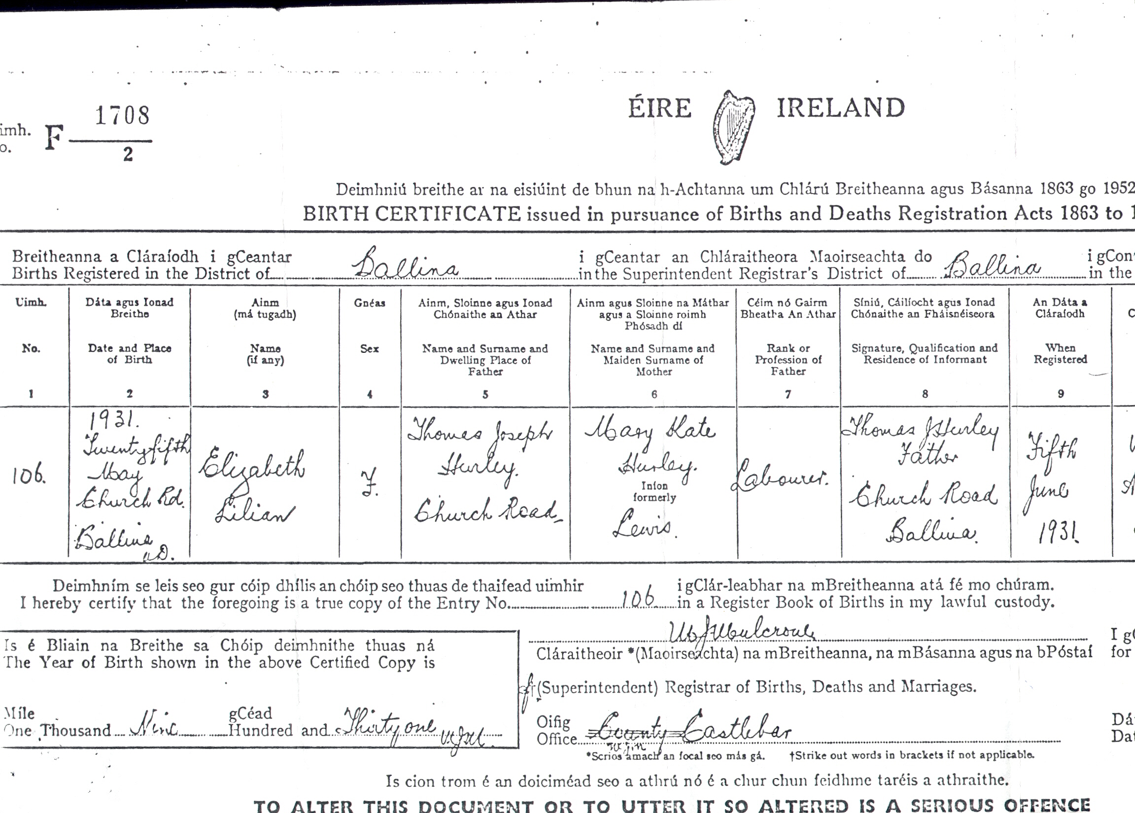 Birth certificate of Mrs. Dyer