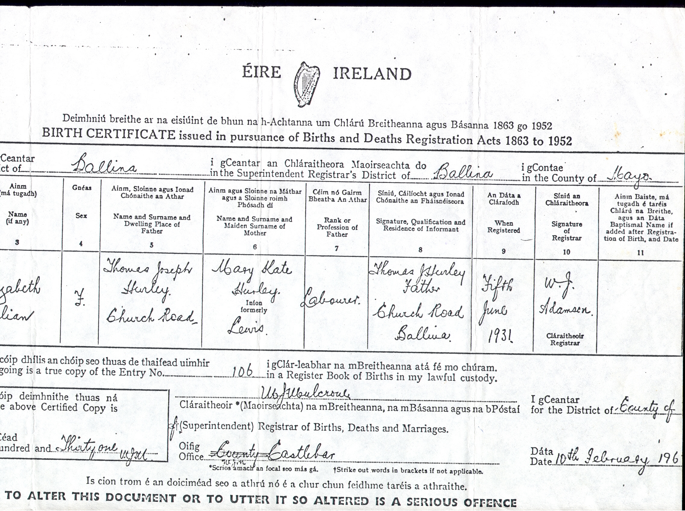 Birth certificate of Mrs. Dyer