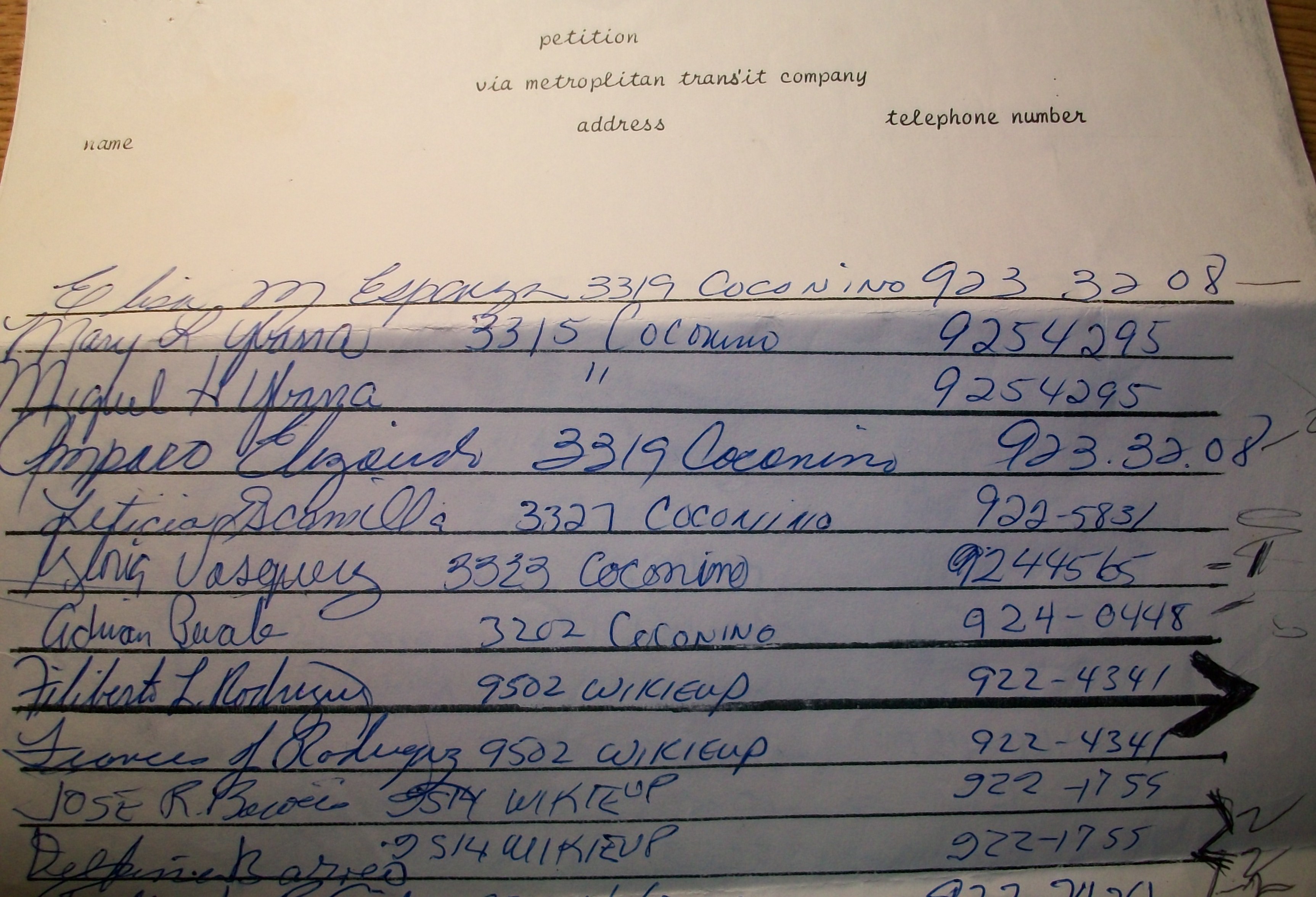document of the original petition that was signed as Oralia knocked door to door to bring a VIA bus to South San Antonio...