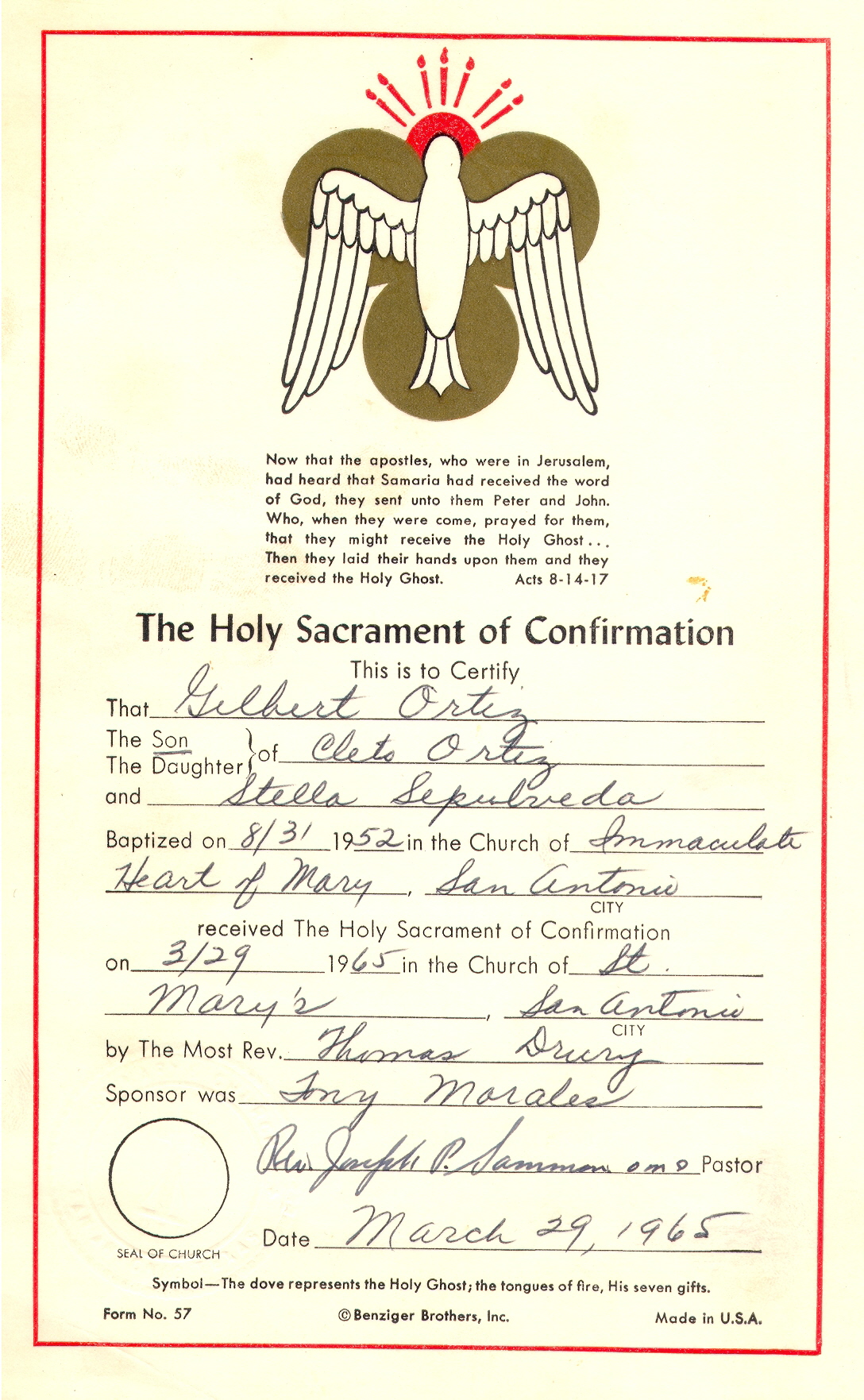 Document of Gilbert Ortiz's confirmation on March 29, 1965