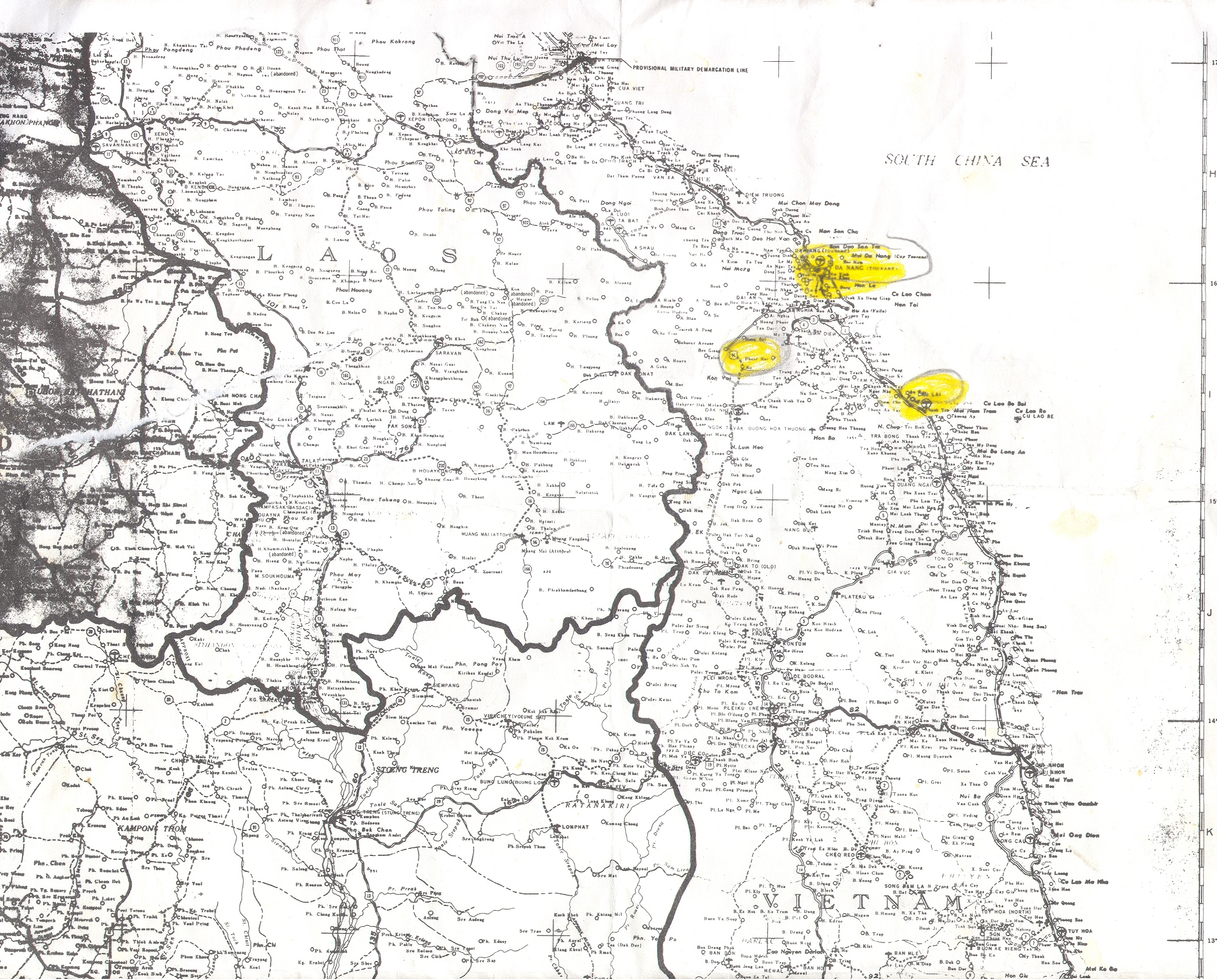 Robert Martinez used this map while in Vietnam, he has highlighted the base camps that he was stationed at.