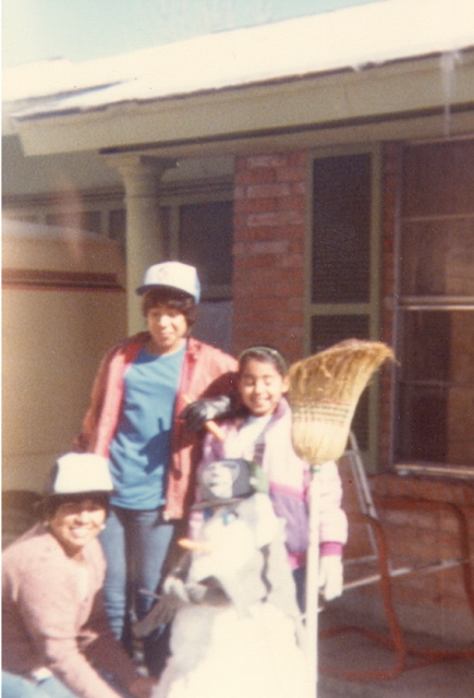 Gloria and two of her daughters Lupe an Mary Alice in January 1985 infront of their house.
