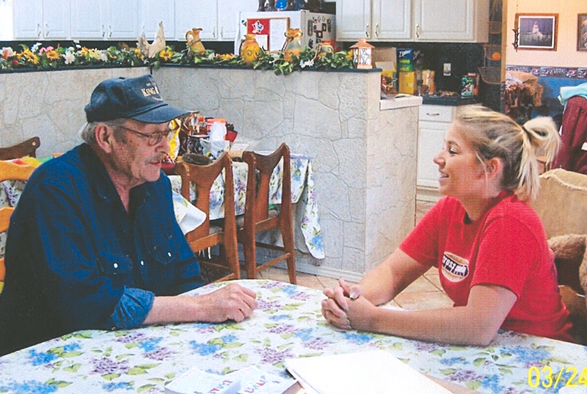 Chelsea Connors interviewing Grandpa Roger Conn Borchers at his residence in Pipe Creek, Texas in the kitchen on March 19, 2008 