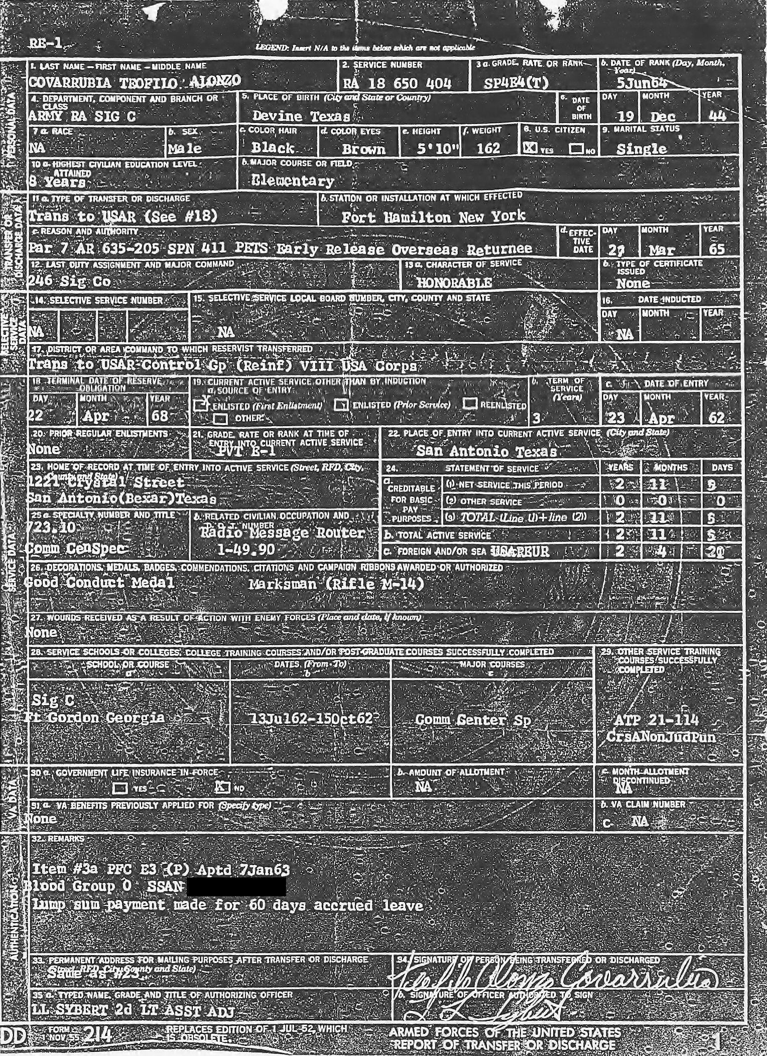 This is Teofilo's DD214 honorably discharging him from the US Army.