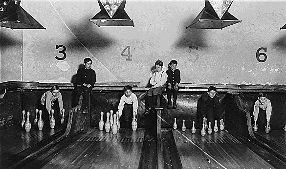 Bowling Alley boys in New Haven, Connecticut- photo taken by Lewis W. Hine- circa 1910