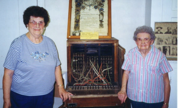 Rosie Labus and Helen Pawlik in July 1999. Rosie took over working the switchboard after Helen moved to San Antonio. They had not seen each other in over 57 years. The old Switchboard is located in St. Joseph Museum, Panna Maria, Texas.