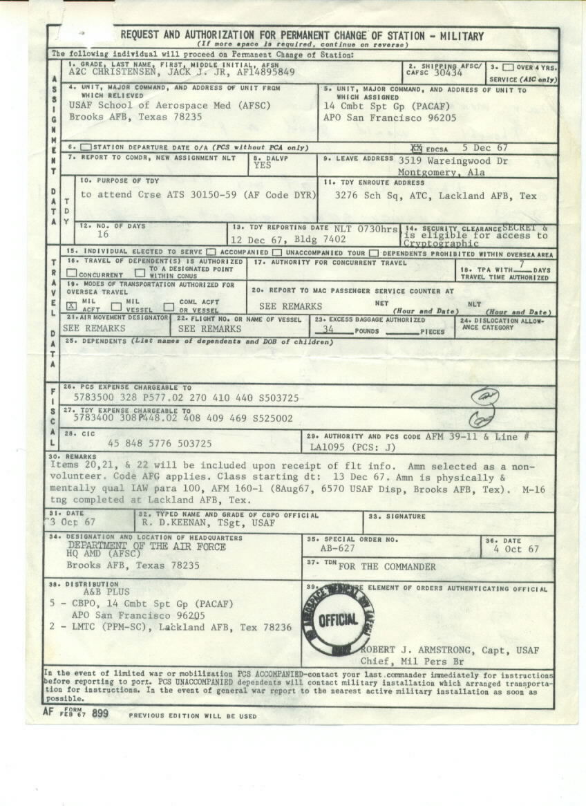 Jack J. Christensen received orders enroute to Vietnam through San Francisco in December of 1967
