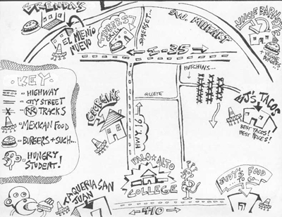 Drawing of a map of restaurants in the Palo Alto area