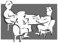 drawing of students sitting at a table