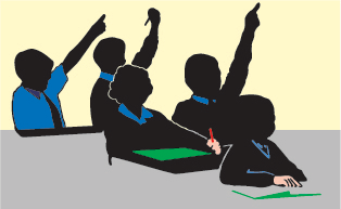 students raising hands