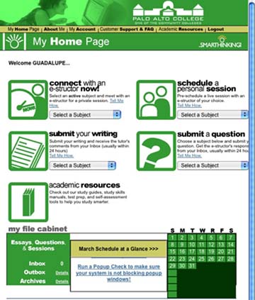 Screen shot of Smarthinking homepage