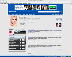 Screen shot of Britney Spears' MySpace page. Celebrities get huge online followings. Ms. Spears has 105,118 friends on MySpace alone. Photo courtesy of MySpace.com